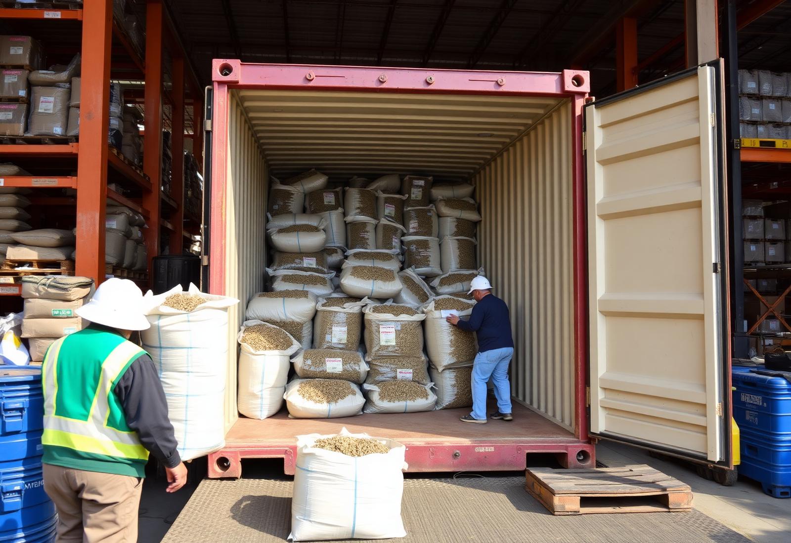 Shipping container being loaded with packed export pallets