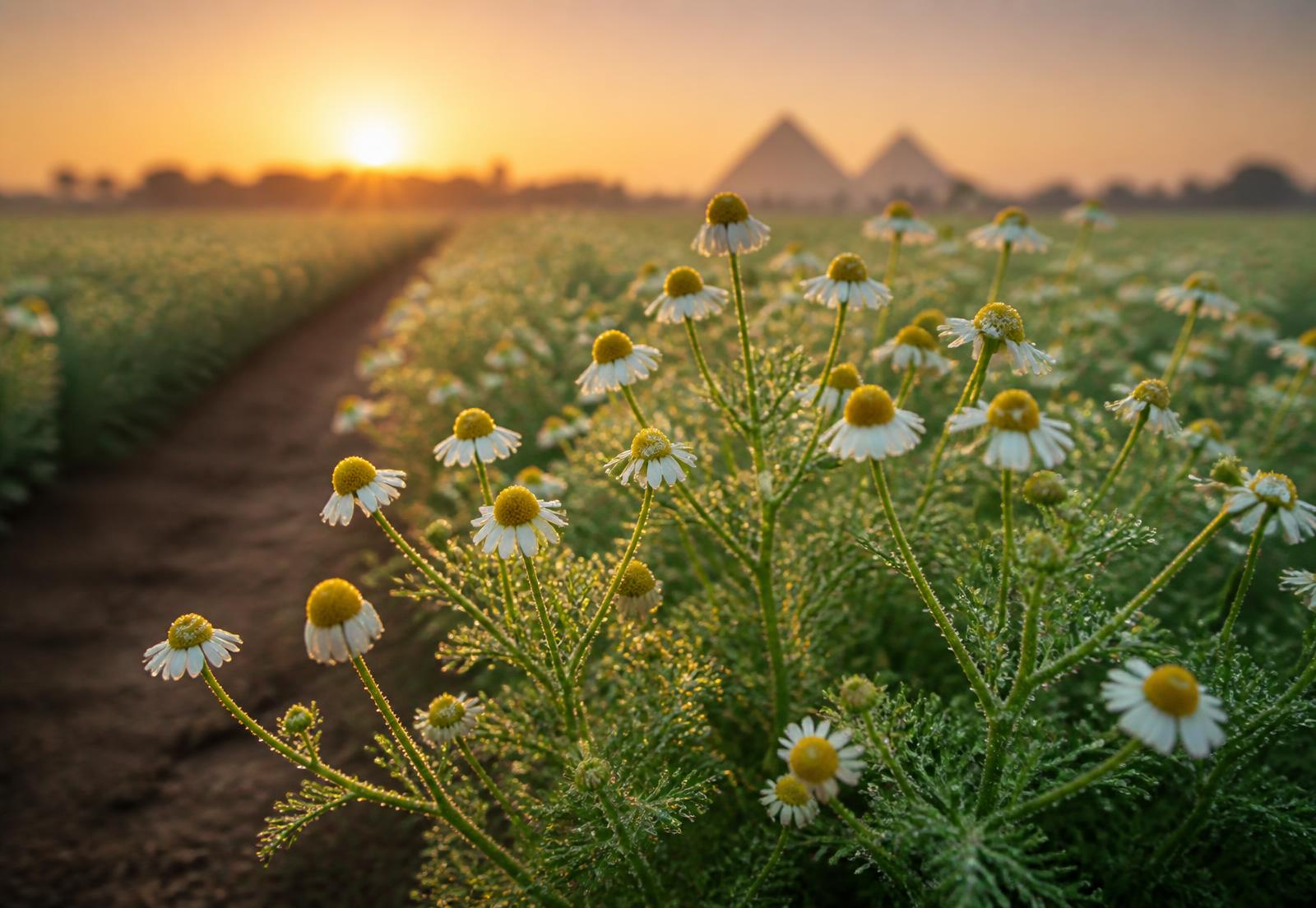 Chamomile crop rows at sunrise in an Egyptian herb field