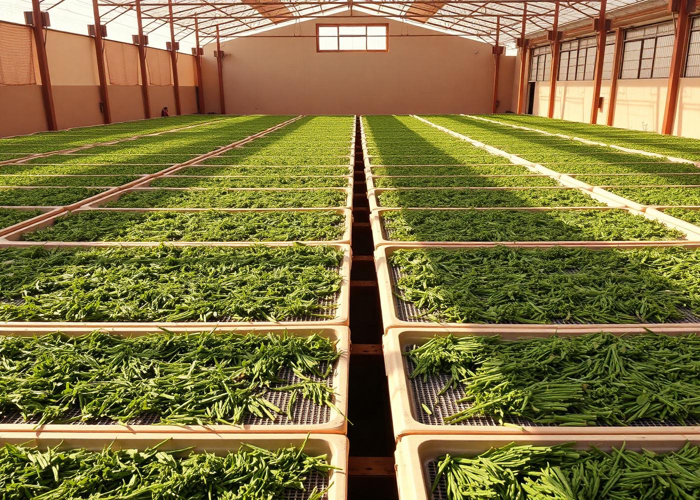 Dried herbs spread across drying trays in a sunlit facility
