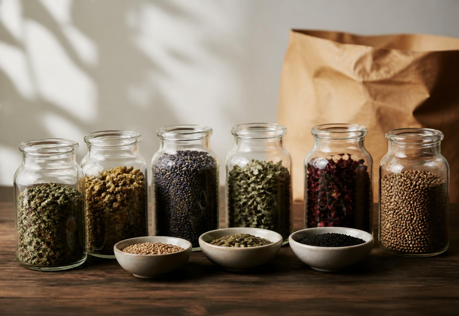 Glass sample jars of dried Egyptian herbs, spices and seeds