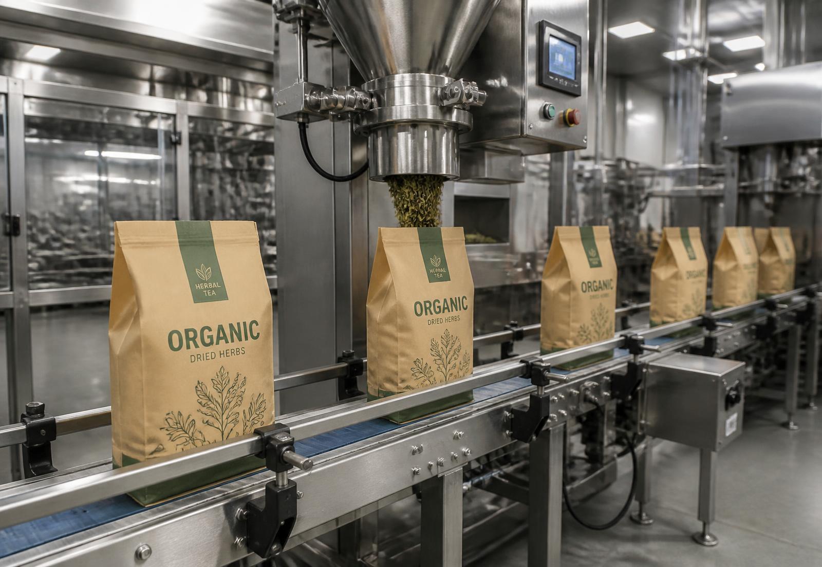 Export packaging line filling bulk bags of dried herbs