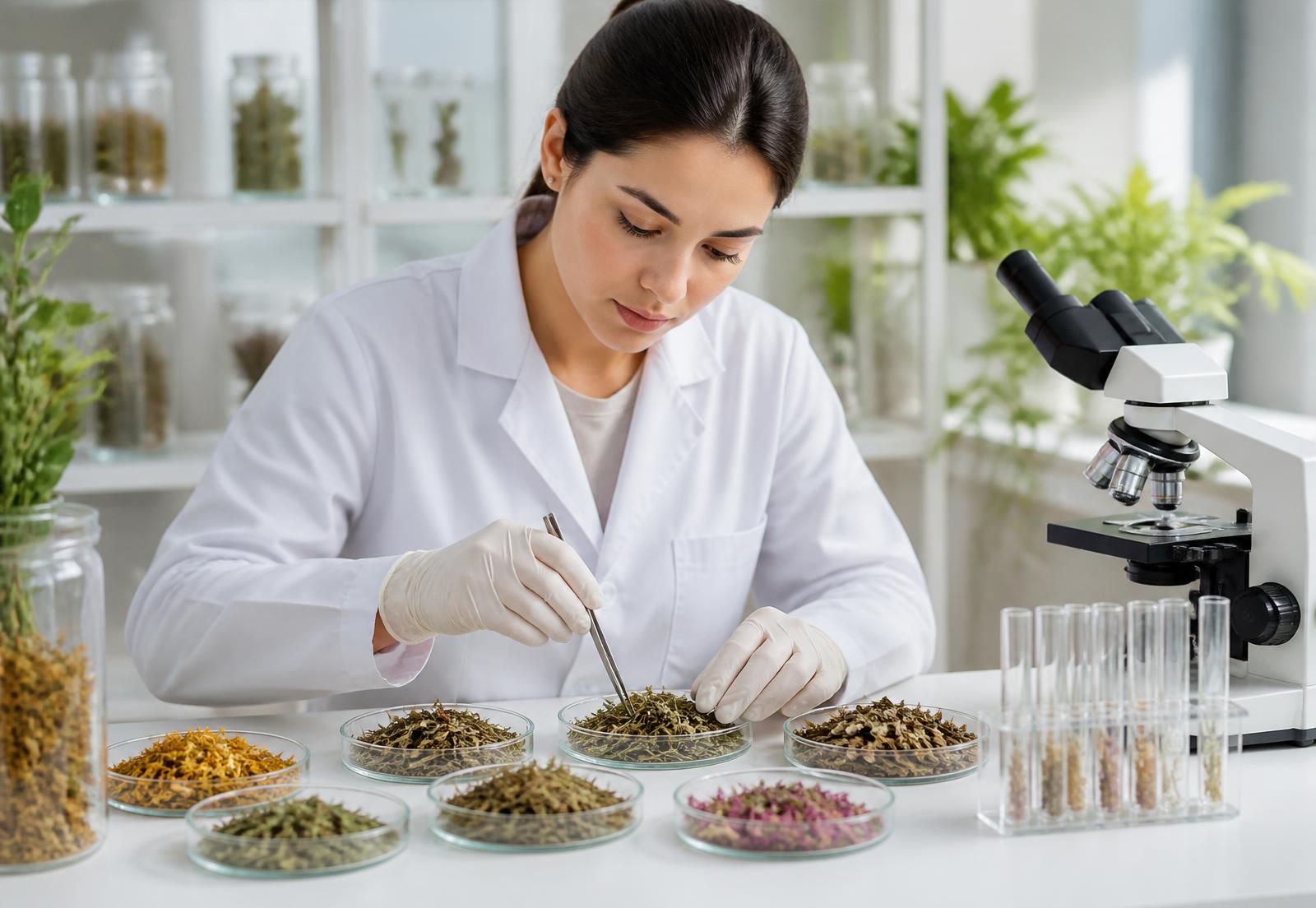 Laboratory technician inspecting a botanical sample