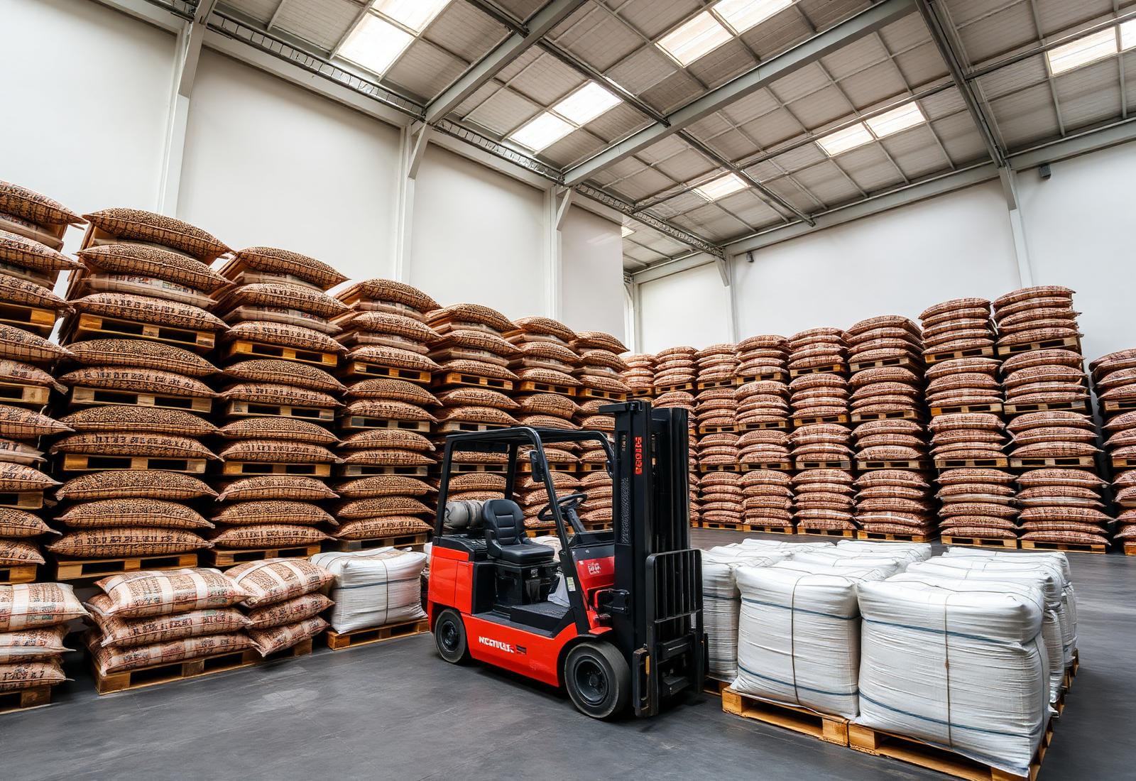 Export warehouse stacked with packed botanical shipments